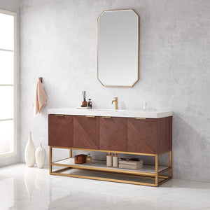 Mahon 60G" Free-standing Single Bath Vanity in North American Deep Walnut with White Grain Composite Stone Top