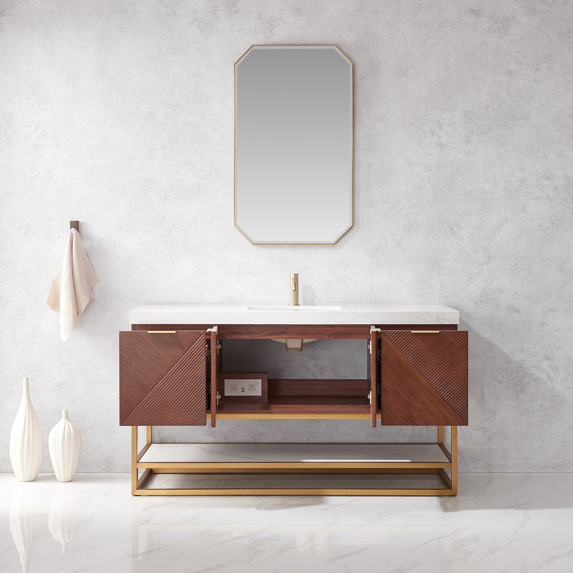 Mahon 60G" Free-standing Single Bath Vanity in North American Deep Walnut with White Grain Composite Stone Top