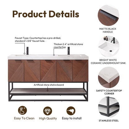 Mahon 60MB" Free-standing Double Bath Vanity in North American Deep Walnut with White Grain Composite Stone Top