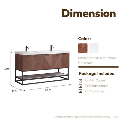 Mahon 60MB" Free-standing Double Bath Vanity in North American Deep Walnut with White Grain Composite Stone Top
