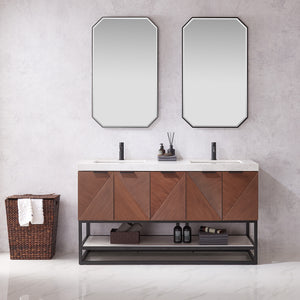 Open image in slideshow, Mahon 60MB&quot; Free-standing Double Bath Vanity in North American Deep Walnut with White Grain Composite Stone Top
