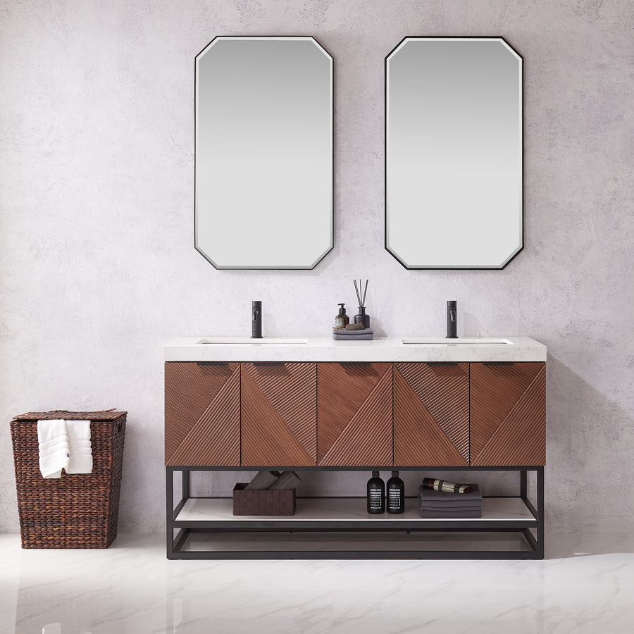Issac Edwards 60MB" Free-standing Double Bath Vanity in North American Deep Walnut with White Grain Composite Stone Top and Mirror