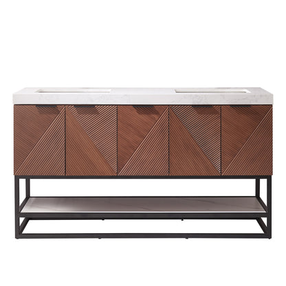 Mahon 60MB" Free-standing Double Bath Vanity in North American Deep Walnut with White Grain Composite Stone Top