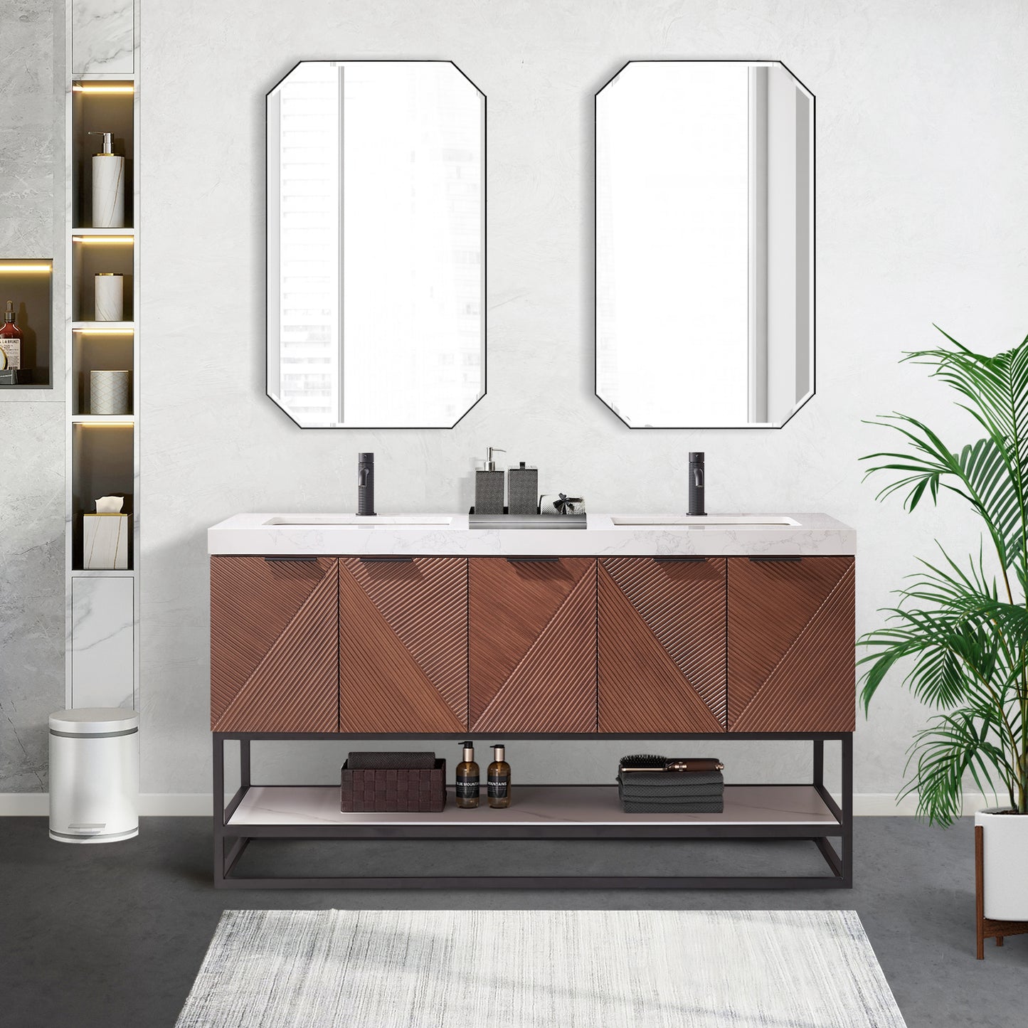 Mahon 60MB" Free-standing Double Bath Vanity in North American Deep Walnut with White Grain Composite Stone Top
