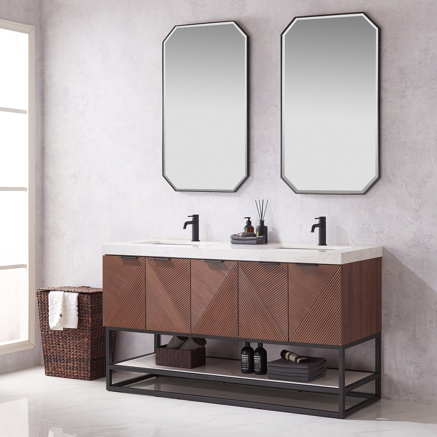 Mahon 60MB" Free-standing Double Bath Vanity in North American Deep Walnut with White Grain Composite Stone Top