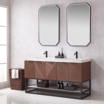Mahon 60MB" Free-standing Double Bath Vanity in North American Deep Walnut with White Grain Composite Stone Top