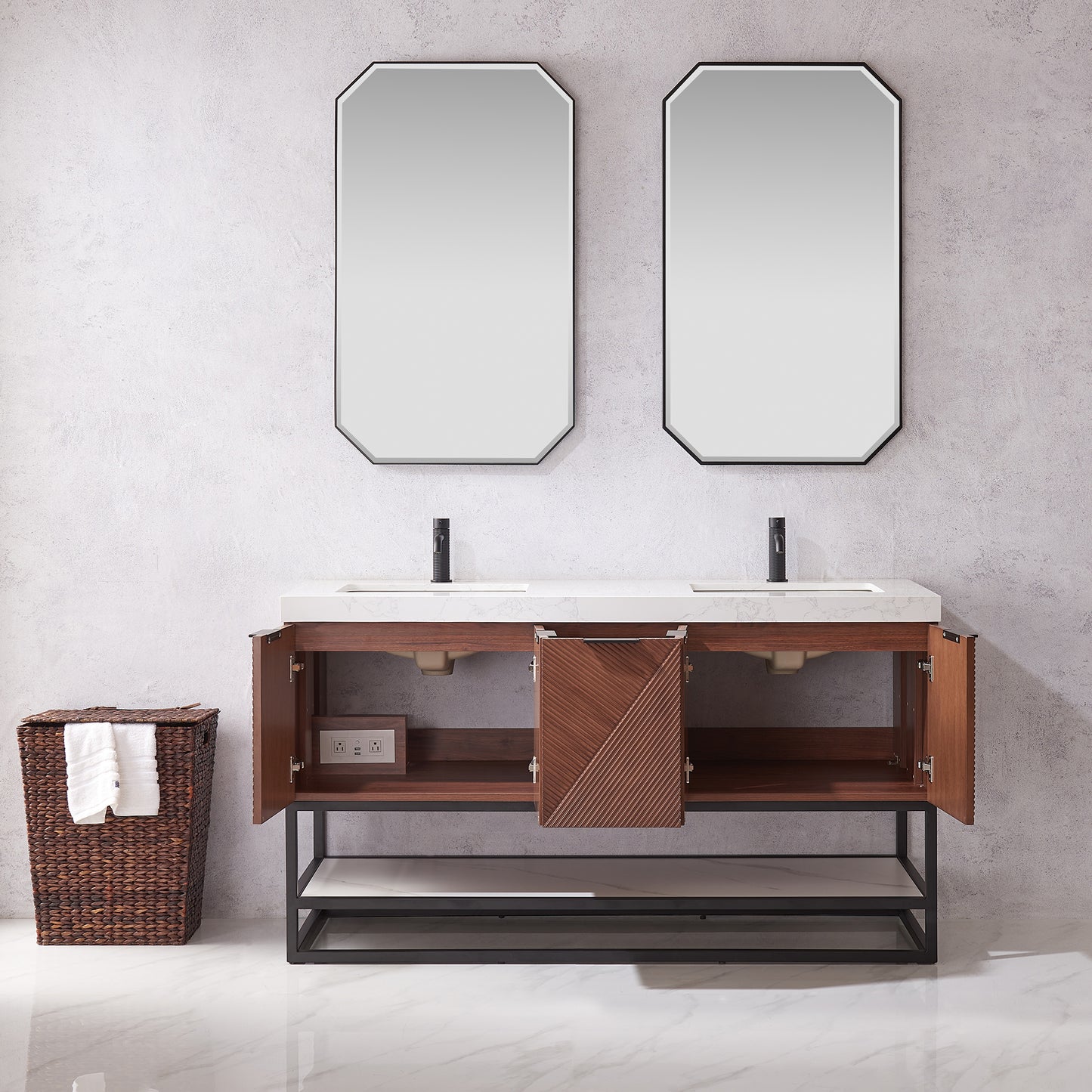 Mahon 60MB" Free-standing Double Bath Vanity in North American Deep Walnut with White Grain Composite Stone Top