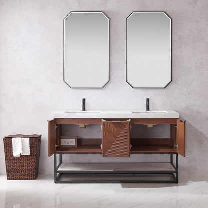 Mahon 60MB" Free-standing Double Bath Vanity in North American Deep Walnut with White Grain Composite Stone Top