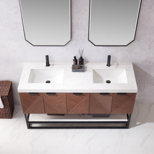 Mahon 60MB" Free-standing Double Bath Vanity in North American Deep Walnut with White Grain Composite Stone Top