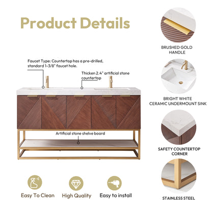 Mahon 60MG" Free-standing Double Bath Vanity in North American Deep Walnut with White Grain Composite Stone Top