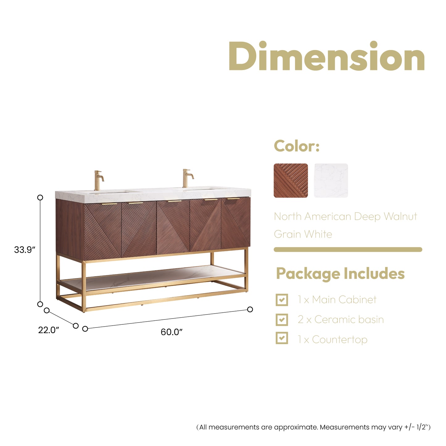Mahon 60MG" Free-standing Double Bath Vanity in North American Deep Walnut with White Grain Composite Stone Top