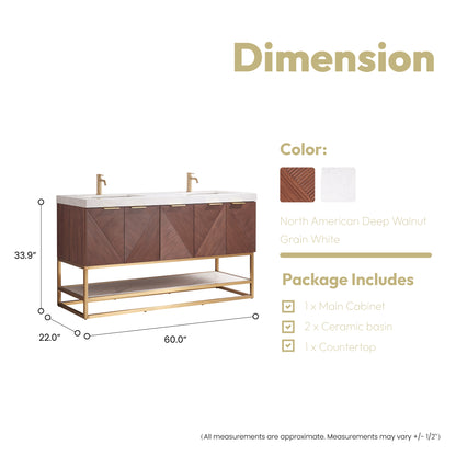 Mahon 60MG" Free-standing Double Bath Vanity in North American Deep Walnut with White Grain Composite Stone Top