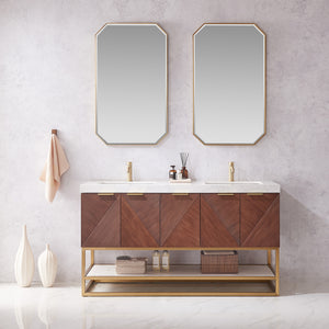Open image in slideshow, Mahon 60MG&quot; Free-standing Double Bath Vanity in North American Deep Walnut with White Grain Composite Stone Top
