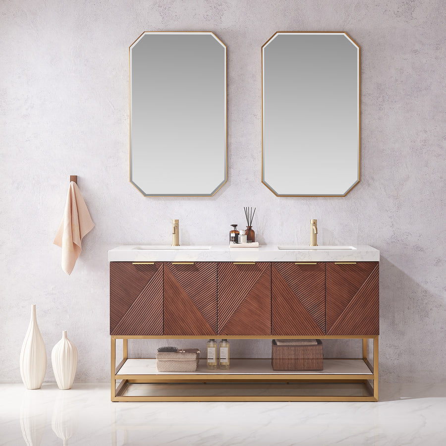Issac Edwards 60MG" Free-standing Double Bath Vanity in North American Deep Walnut with White Grain Composite Stone Top and Mirror