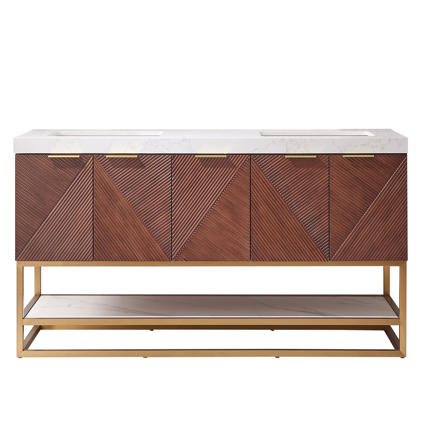 Mahon 60MG" Free-standing Double Bath Vanity in North American Deep Walnut with White Grain Composite Stone Top