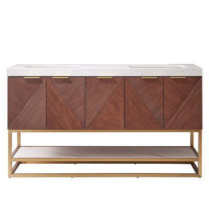 Mahon 60MG" Free-standing Double Bath Vanity in North American Deep Walnut with White Grain Composite Stone Top