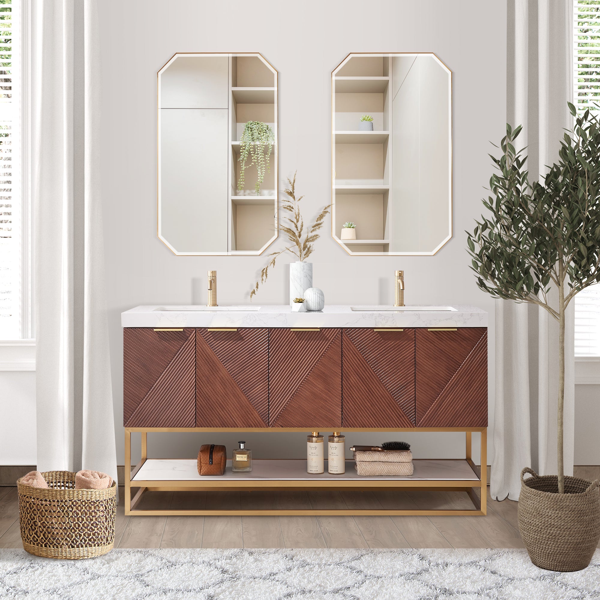 Mahon 60MG" Free-standing Double Bath Vanity in North American Deep Walnut with White Grain Composite Stone Top