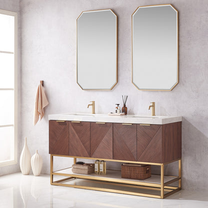 Mahon 60MG" Free-standing Double Bath Vanity in North American Deep Walnut with White Grain Composite Stone Top