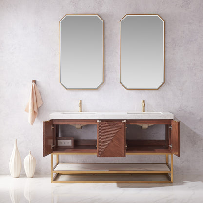 Mahon 60MG" Free-standing Double Bath Vanity in North American Deep Walnut with White Grain Composite Stone Top