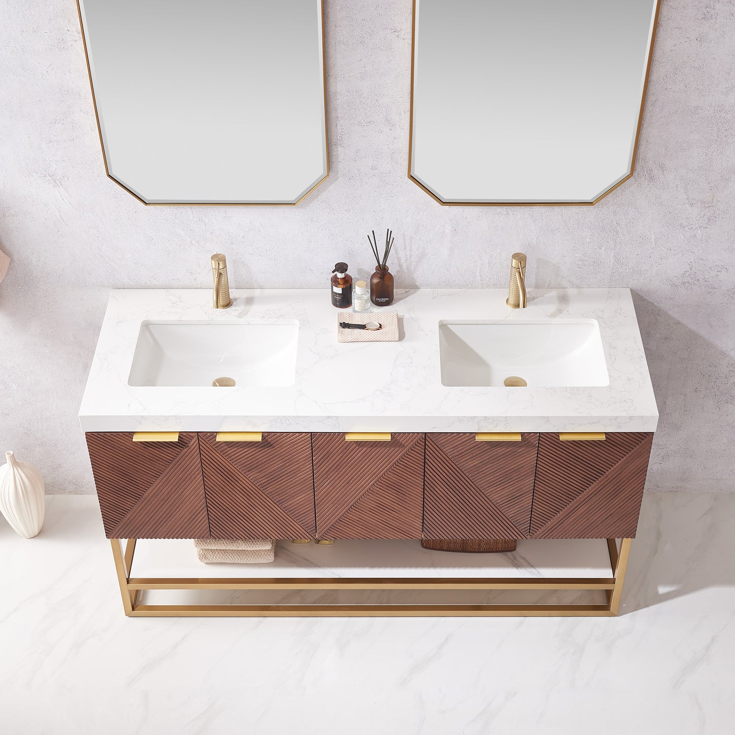 Mahon 60MG" Free-standing Double Bath Vanity in North American Deep Walnut with White Grain Composite Stone Top