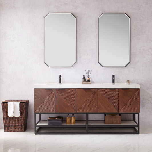Mahon 72B" Free-standing Double Bath Vanity in North American Deep Walnut with White Grain Composite Stone Top