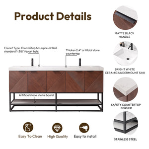Mahon 72B" Free-standing Double Bath Vanity in North American Deep Walnut with White Grain Composite Stone Top