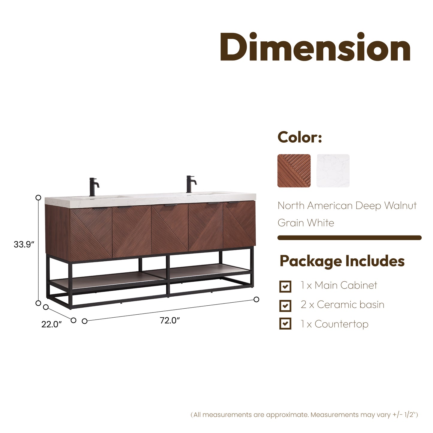 Mahon 72B" Free-standing Double Bath Vanity in North American Deep Walnut with White Grain Composite Stone Top