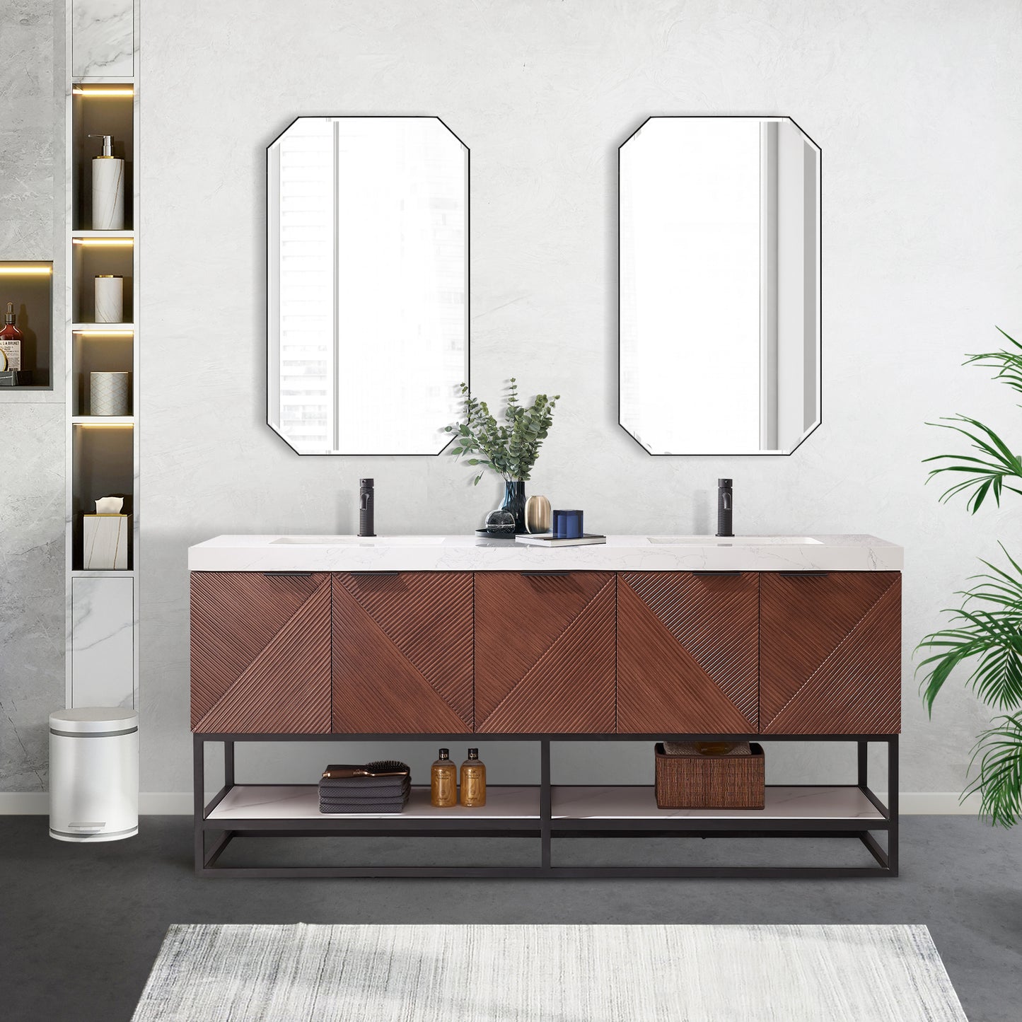 Mahon 72B" Free-standing Double Bath Vanity in North American Deep Walnut with White Grain Composite Stone Top
