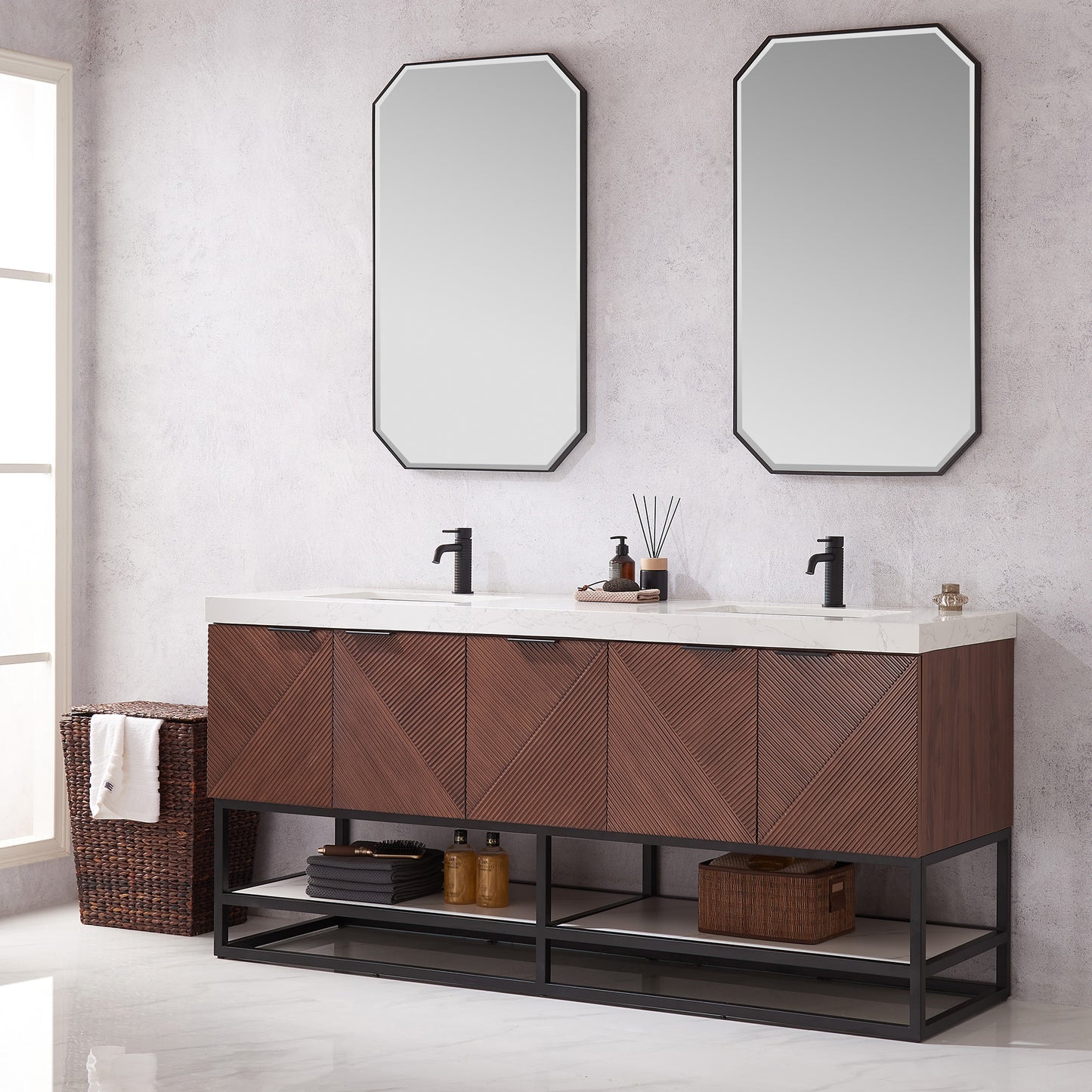 Mahon 72B" Free-standing Double Bath Vanity in North American Deep Walnut with White Grain Composite Stone Top