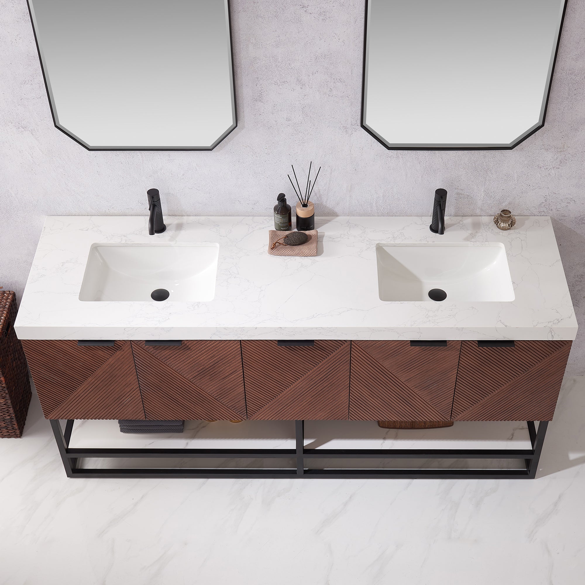 Mahon 72B" Free-standing Double Bath Vanity in North American Deep Walnut with White Grain Composite Stone Top