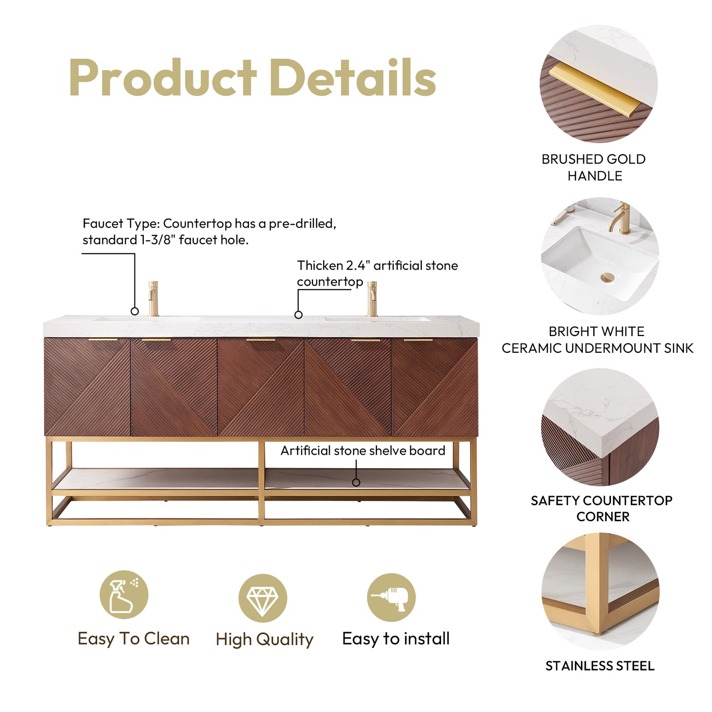 Mahon 72G" Free-standing Double Bath Vanity in North American Deep Walnut with White Grain Composite Stone Top