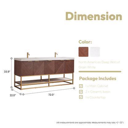 Mahon 72G" Free-standing Double Bath Vanity in North American Deep Walnut with White Grain Composite Stone Top