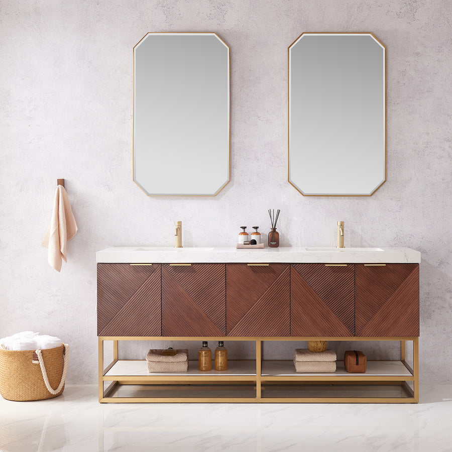 Issac Edwards 72G" Free-standing Double Bath Vanity in North American Deep Walnut with White Grain Composite Stone Top and Mirror