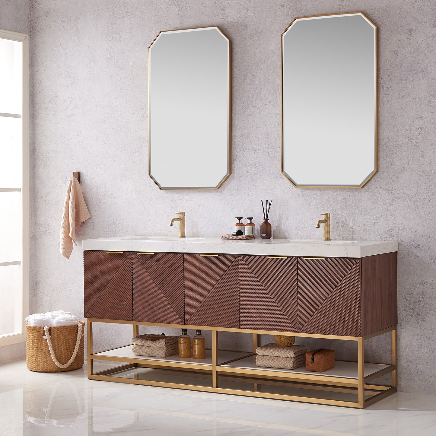 Mahon 72G" Free-standing Double Bath Vanity in North American Deep Walnut with White Grain Composite Stone Top