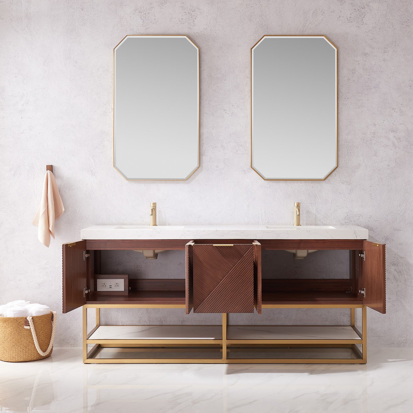 Mahon 72G" Free-standing Double Bath Vanity in North American Deep Walnut with White Grain Composite Stone Top