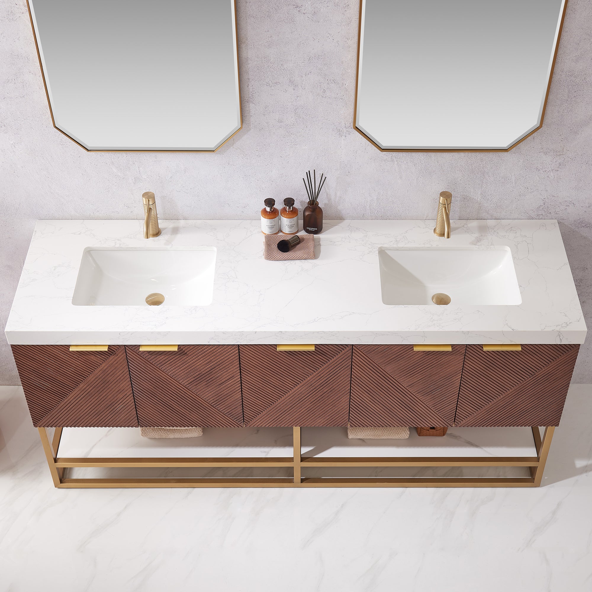 Mahon 72G" Free-standing Double Bath Vanity in North American Deep Walnut with White Grain Composite Stone Top