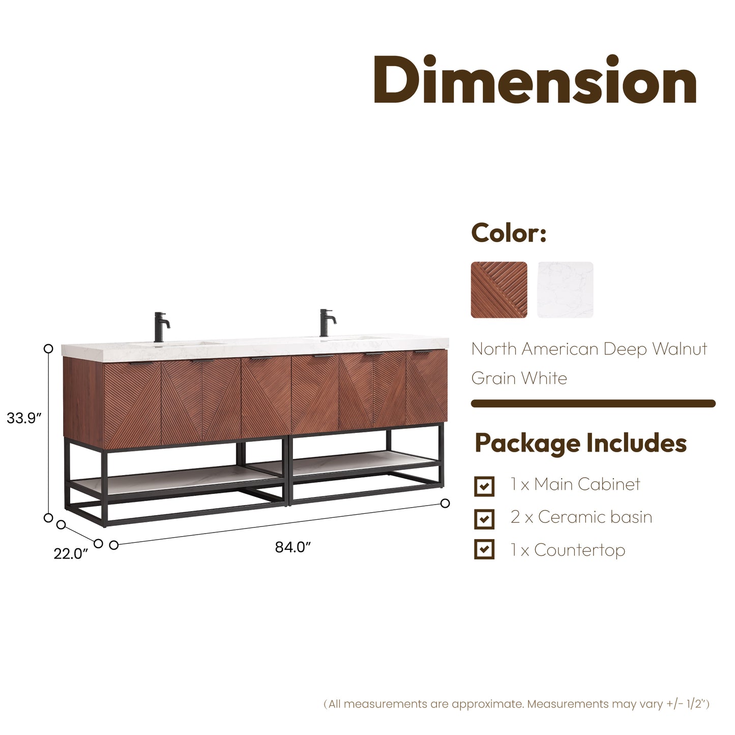 Mahon 84B" Free-standing Double Bath Vanity in North American Deep Walnut with White Grain Composite Stone Top
