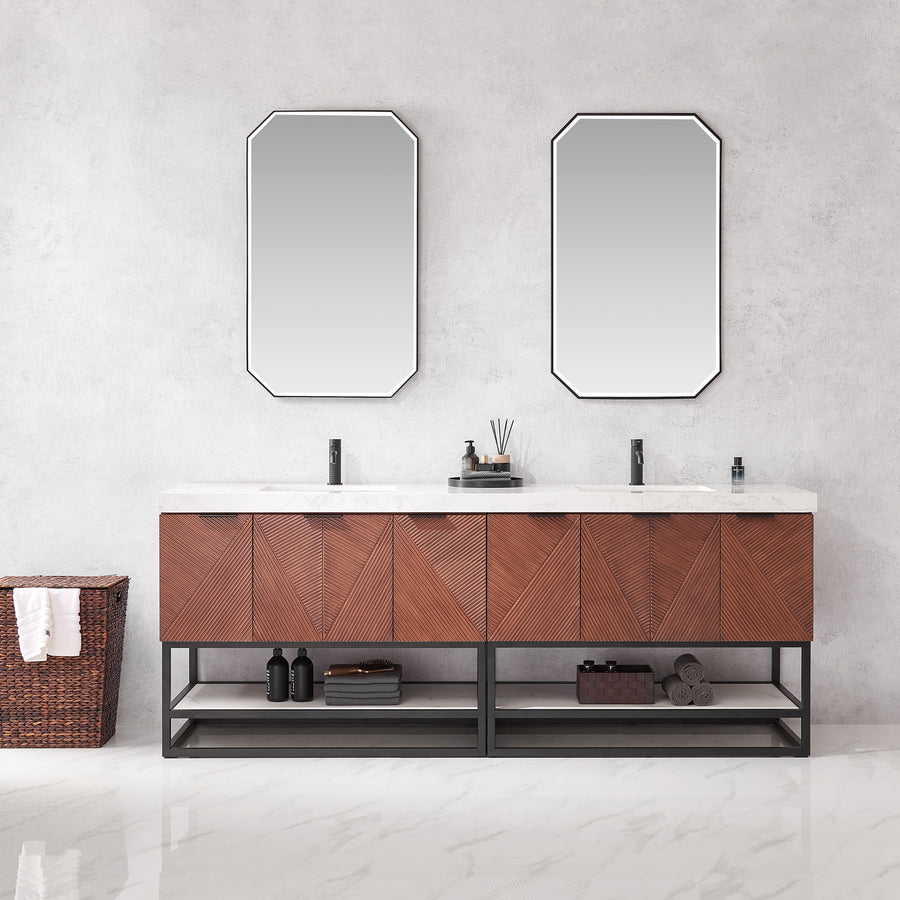 Issac Edwards 84B" Free-standing Double Bath Vanity in North American Deep Walnut with White Grain Composite Stone Top and Mirror