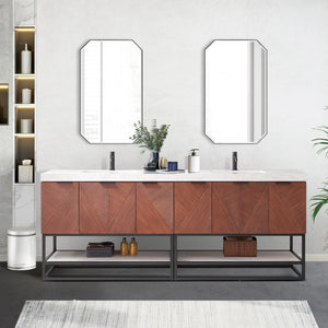 Mahon 84B" Free-standing Double Bath Vanity in North American Deep Walnut with White Grain Composite Stone Top