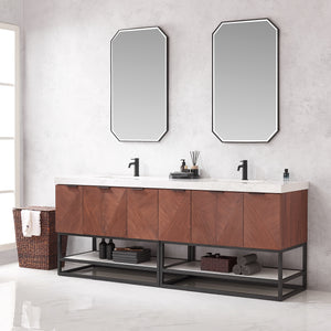 Mahon 84B" Free-standing Double Bath Vanity in North American Deep Walnut with White Grain Composite Stone Top