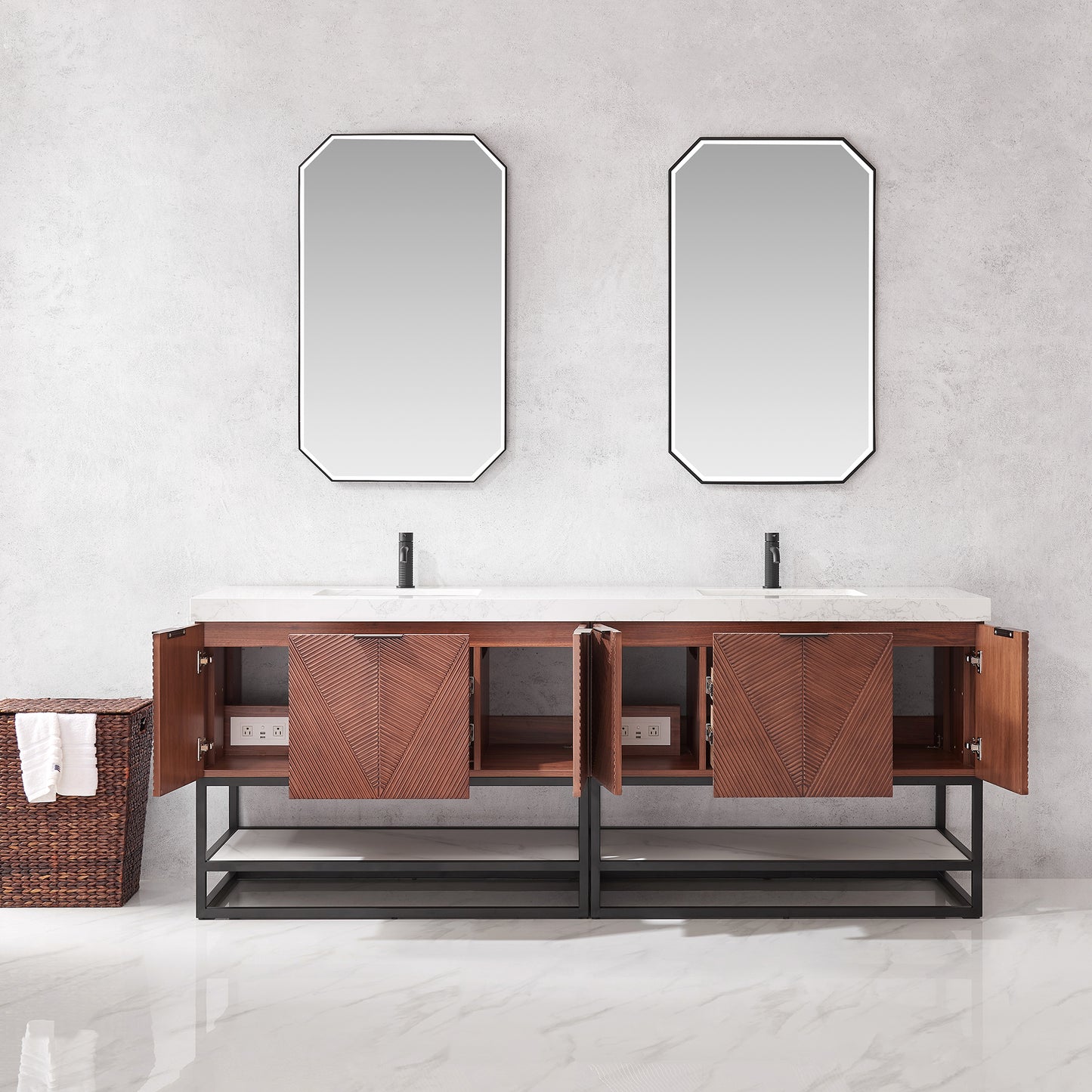 Mahon 84B" Free-standing Double Bath Vanity in North American Deep Walnut with White Grain Composite Stone Top