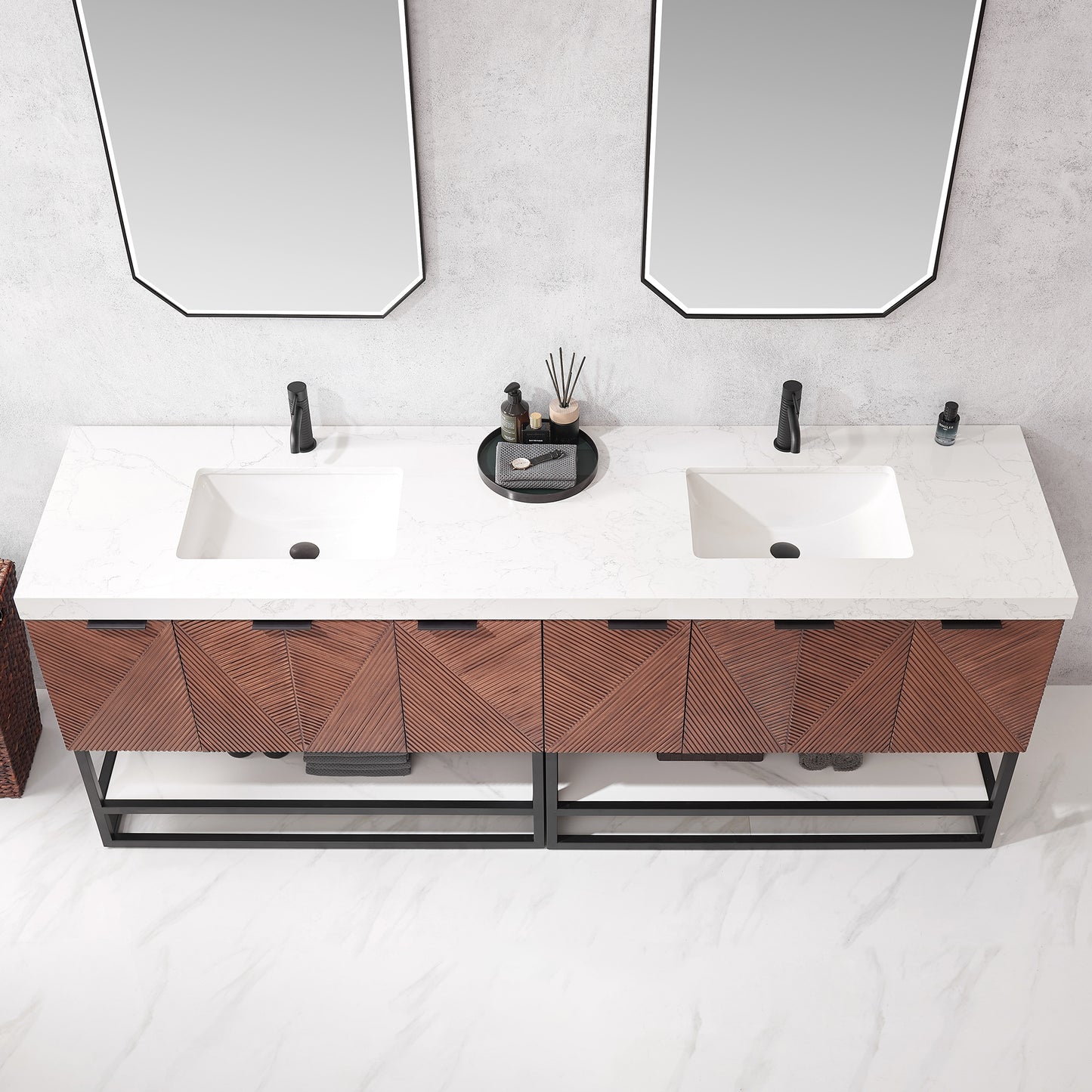 Mahon 84B" Free-standing Double Bath Vanity in North American Deep Walnut with White Grain Composite Stone Top