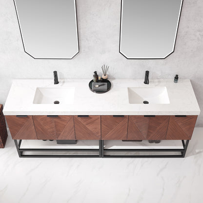 Mahon 84B" Free-standing Double Bath Vanity in North American Deep Walnut with White Grain Composite Stone Top