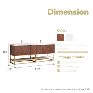 Mahon 84G" Free-standing Double Bath Vanity in North American Deep Walnut with White Grain Composite Stone Top