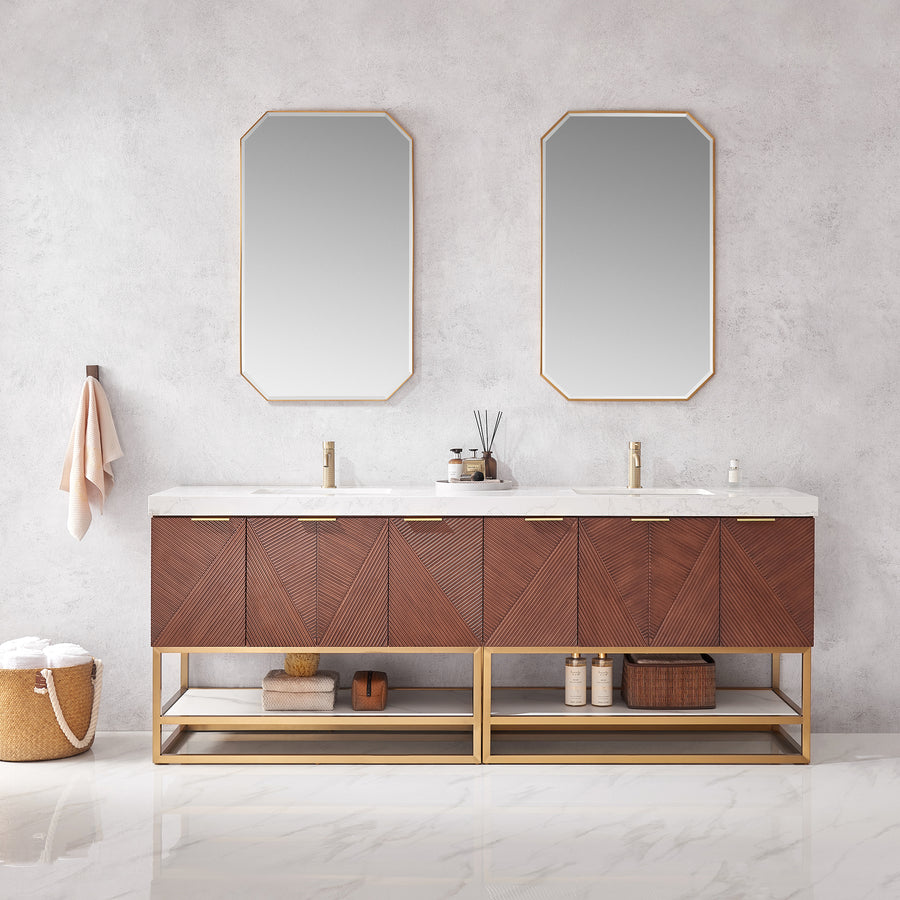 Issac Edwards 84G" Free-standing Double Bath Vanity in North American Deep Walnut with White Grain Composite Stone Top and Mirror