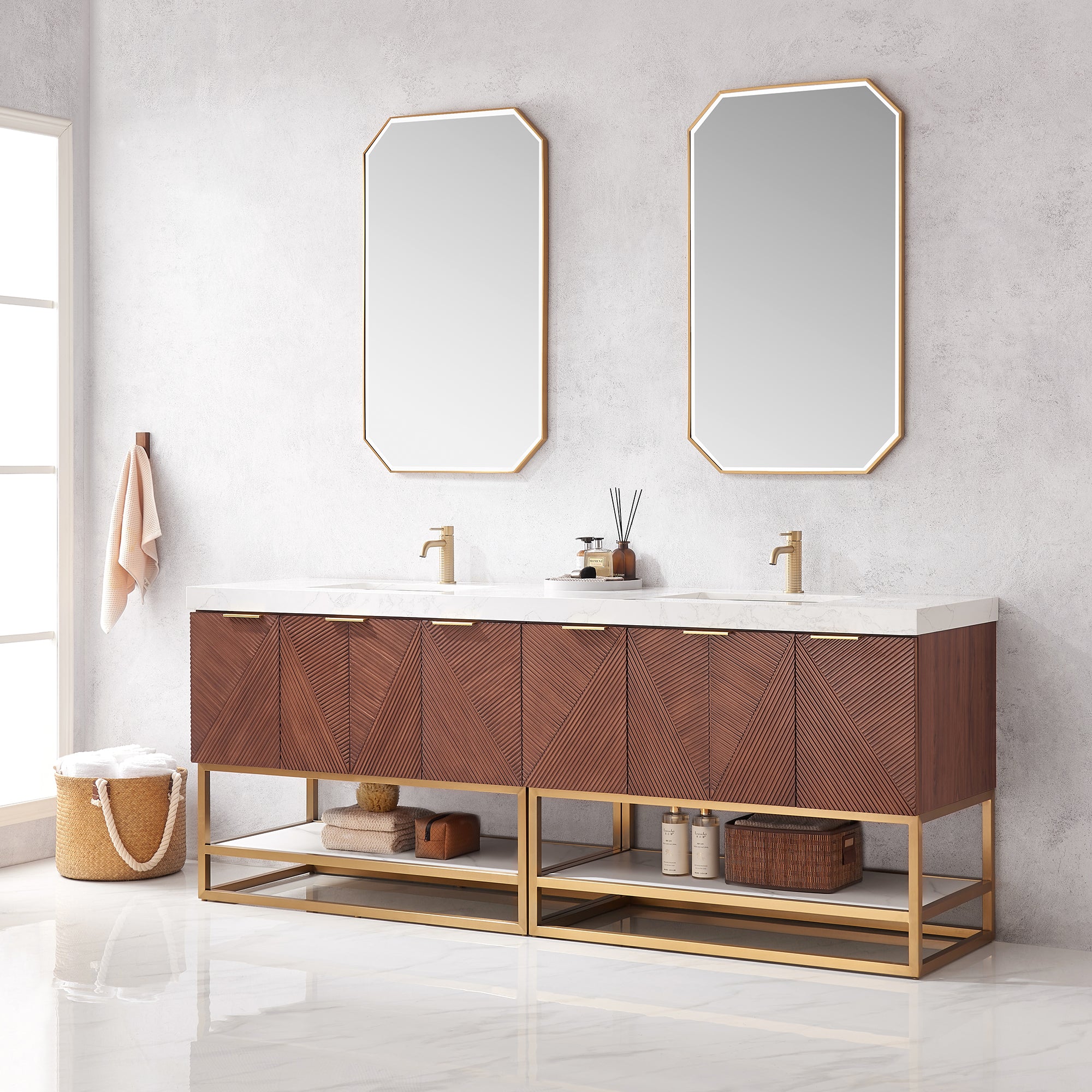Mahon 84G" Free-standing Double Bath Vanity in North American Deep Walnut with White Grain Composite Stone Top