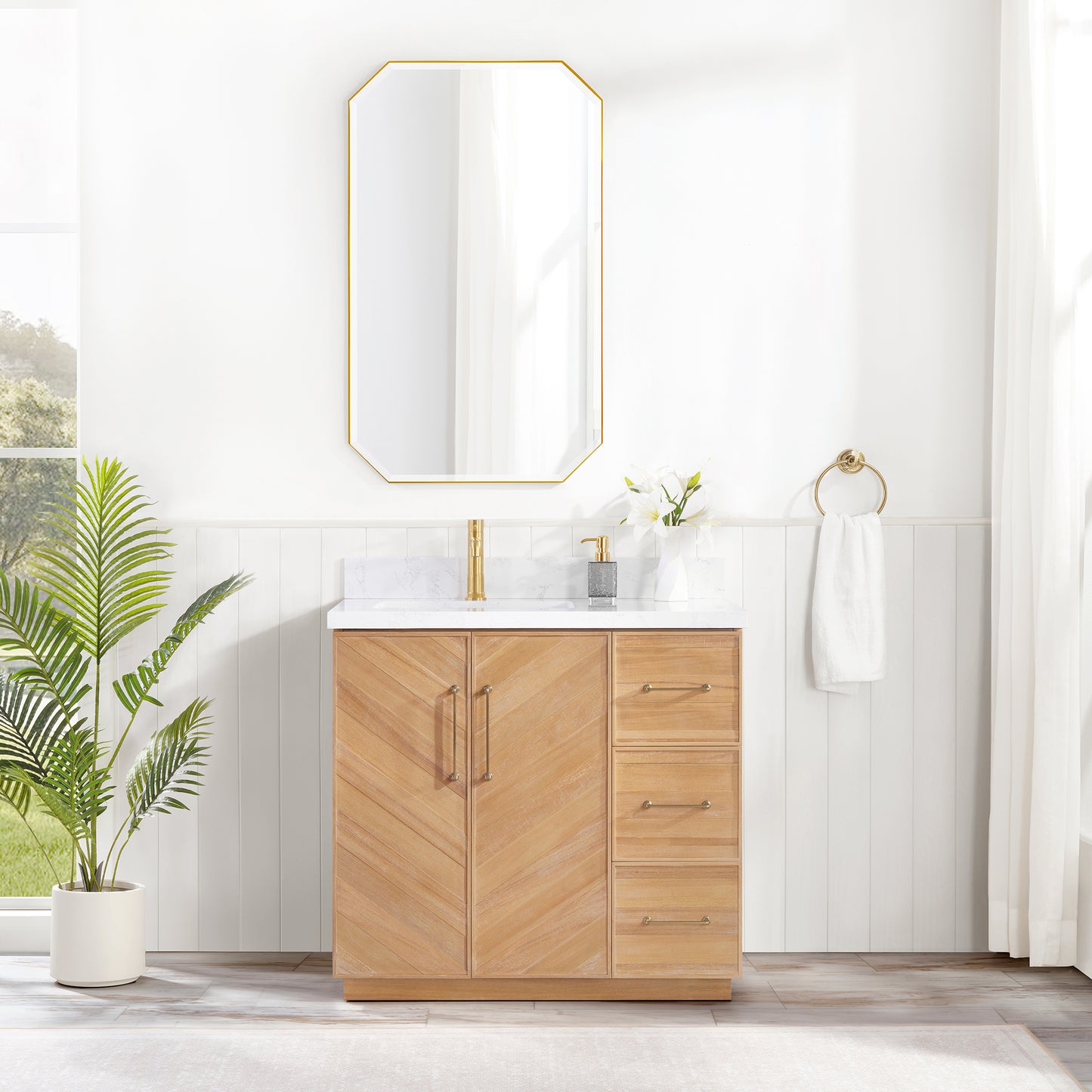 Karachi 36" Single Sink Bath Vanity in Acacia Classic Gray with White Grain Composite Stone Top