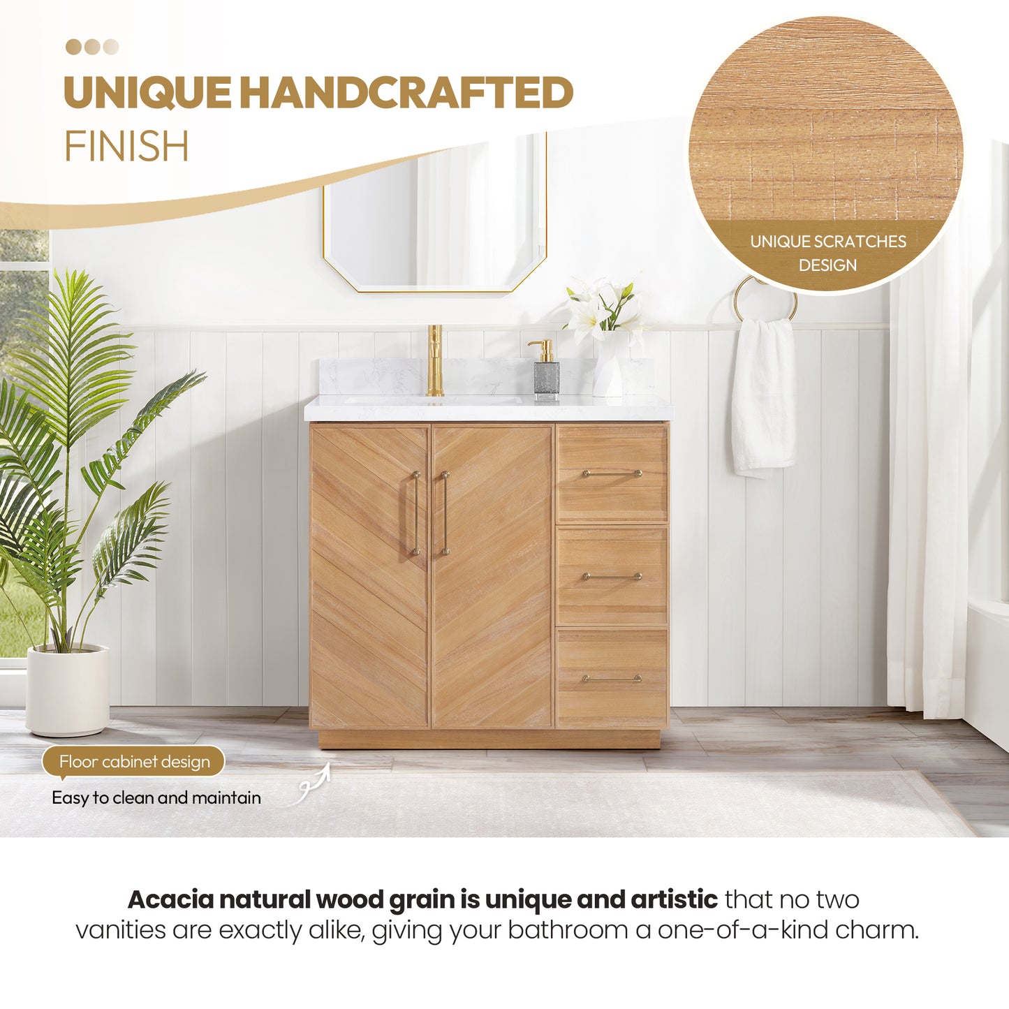 Karachi 36" Single Sink Bath Vanity in Acacia Classic Gray with White Grain Composite Stone Top
