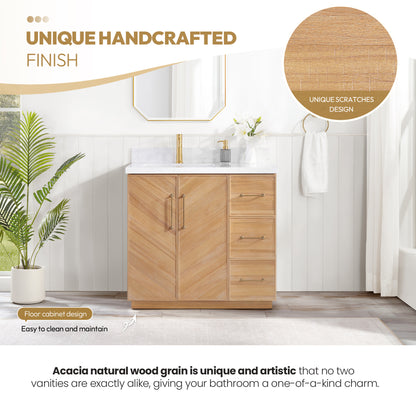 Karachi 36" Single Sink Bath Vanity in Acacia Classic Gray with White Grain Composite Stone Top