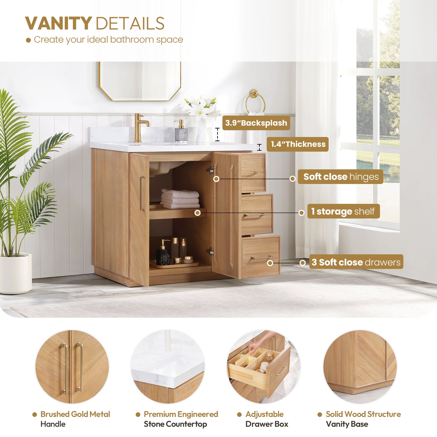 Karachi 36" Single Sink Bath Vanity in Acacia Classic Gray with White Grain Composite Stone Top